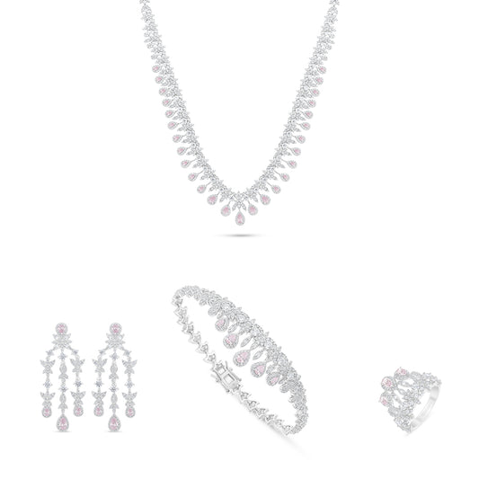 طقم من الفضة الخالصة عيار 925 مطلي روديوم و احجار زركون بنك مرصع فص ابيض