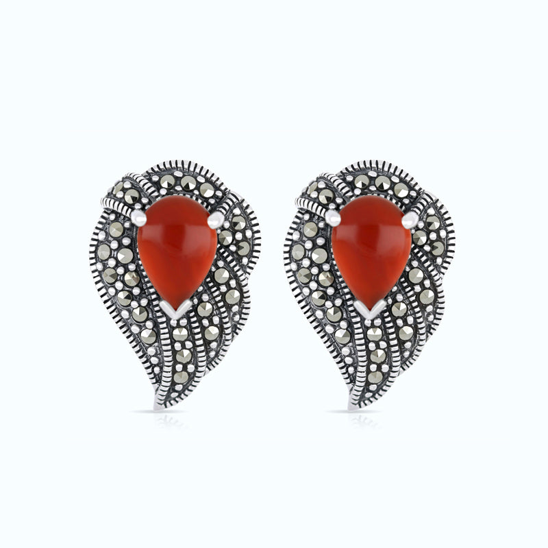 Sterling Silver 925 Earring Embedded With Natural Aqiq And Marcasite Stones