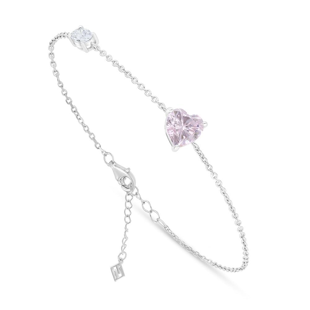 Sterling Silver 925 Bracelet Rhodium Plated Embedded With Pink Zircon And White Zircon