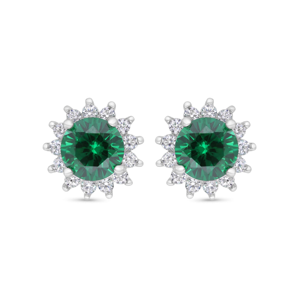 Sterling Silver 925 Earring Rhodium Plated Embedded With Emerald Zircon And White Zircon