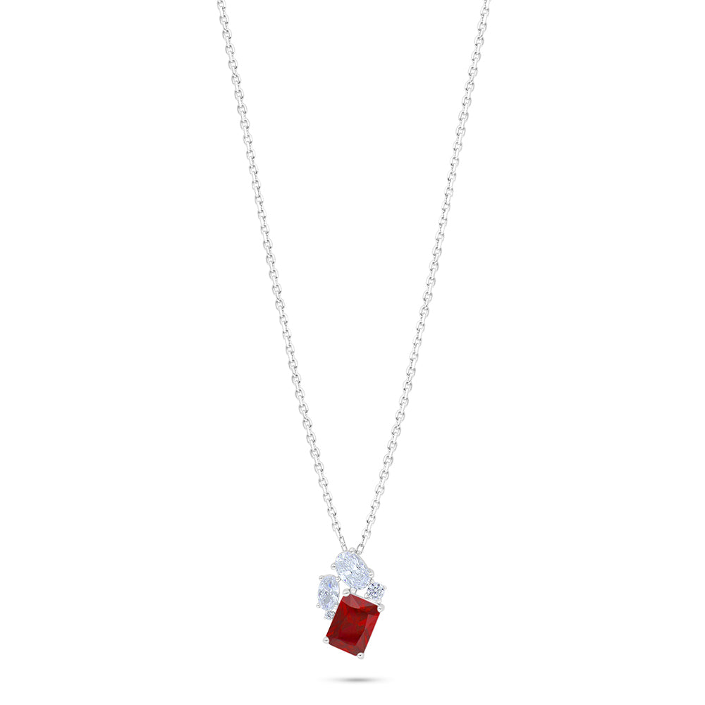 Sterling Silver 925 Necklace Rhodium Plated Embedded With Ruby Corundum And White Zircon