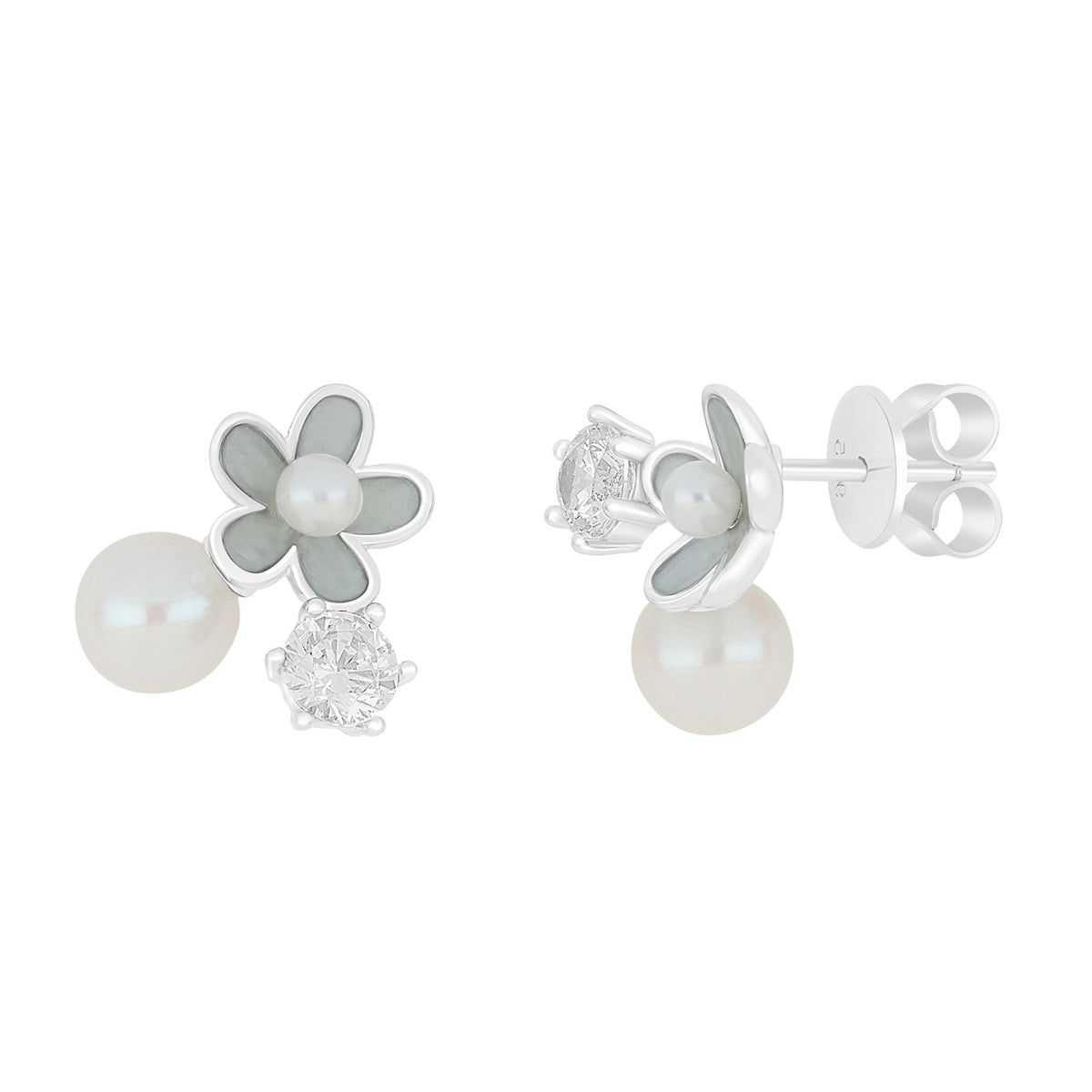 Sterling Silver 925 Earring Rhodium Plated Embedded With Natural White Pearl And White Zircon