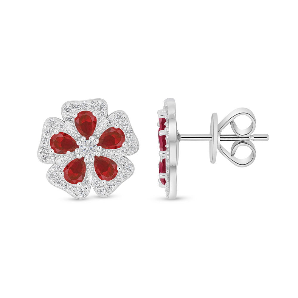Sterling Silver 925 Earring Rhodium Plated Embedded With Ruby Corundum And White Zircon