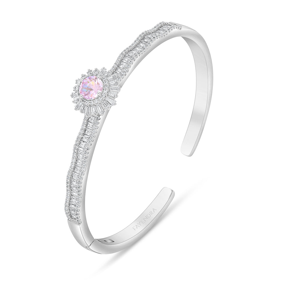 Sterling Silver 925 Bangle Rhodium Plated Embedded With Pink Zircon And White Zircon ( 52*58 )