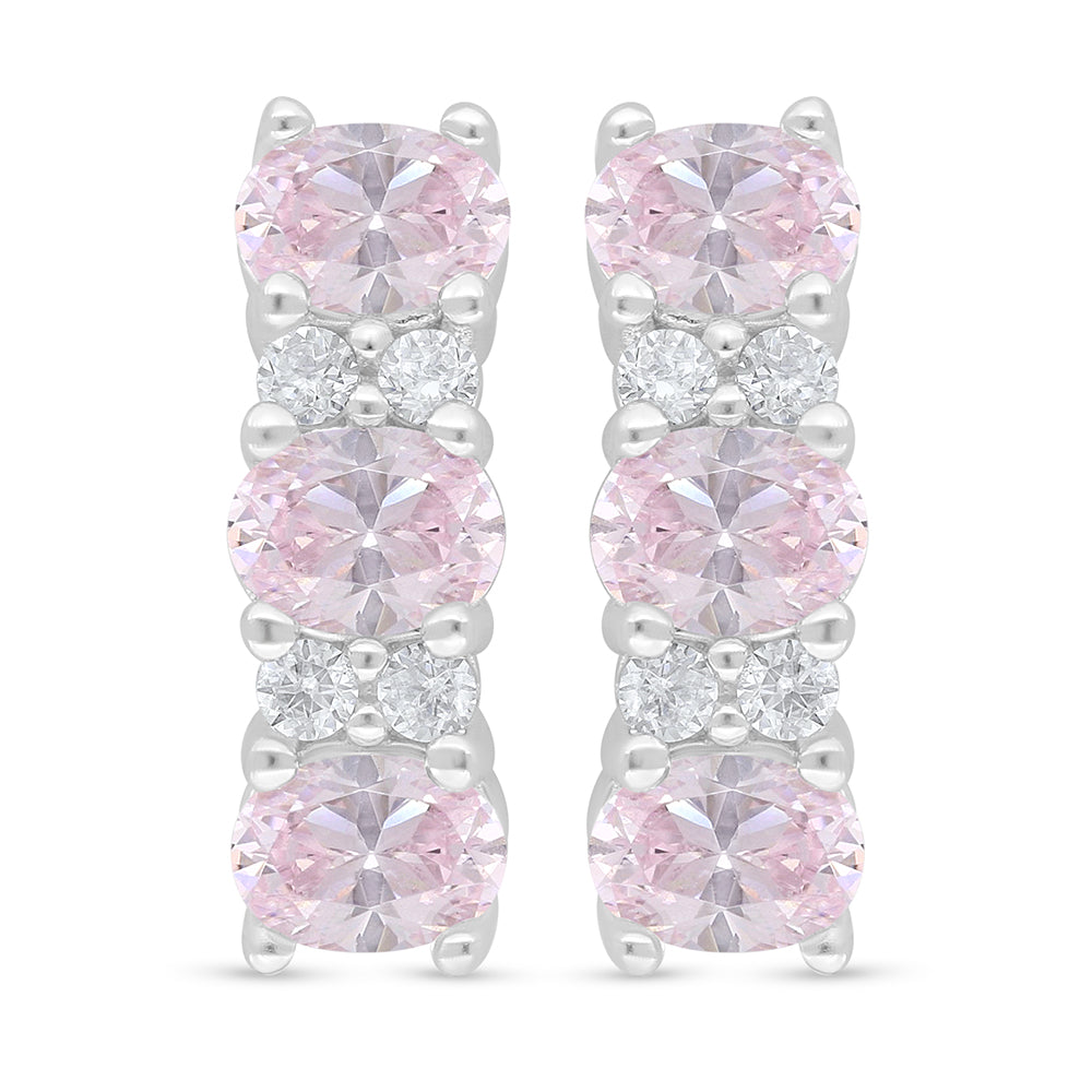 Sterling Silver 925 Earring Rhodium Plated Embedded With Pink Zircon And White Zircon