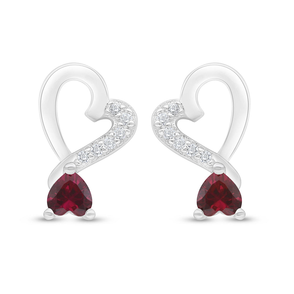 Sterling Silver 925 Earring Rhodium Plated Embedded With Ruby Corundum And White Zircon