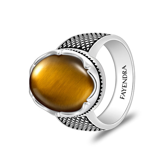 Sterling Silver 925 Ring Rhodium And Black Plated Embedded With Yellow Tiger Eye Cabochon For Men