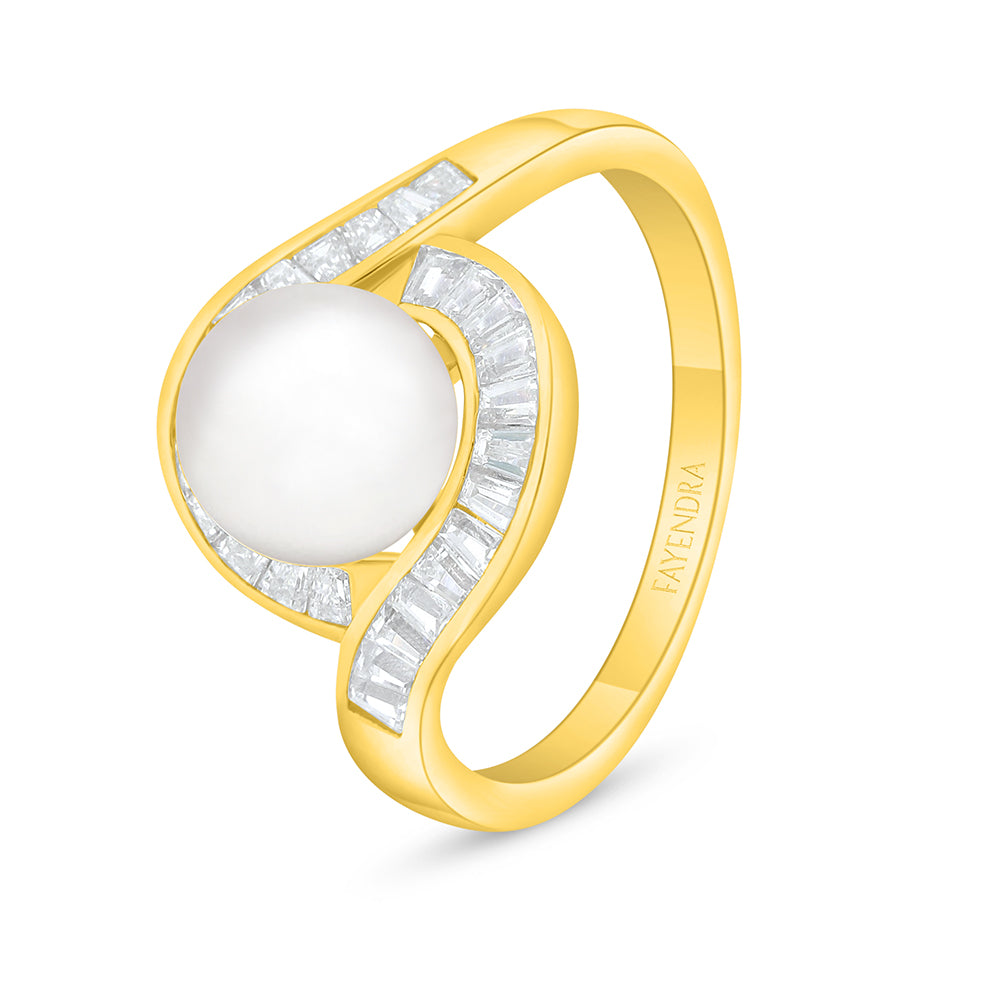 Sterling Silver 925 Ring Golden Plated Embedded With Natural White Pearl And White Zircon