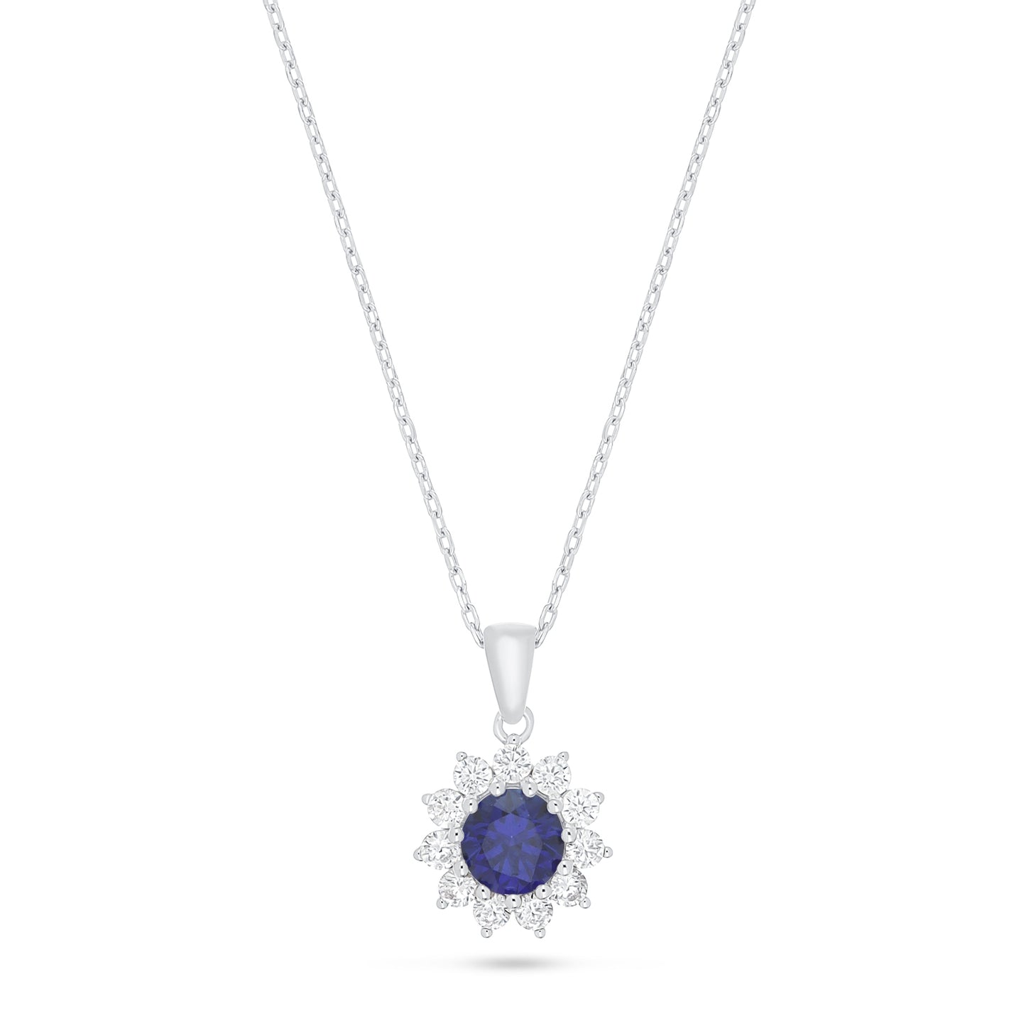 Sterling Silver 925 Necklace Rhodium Plated Embedded With Sapphire Corundum And White Zircon