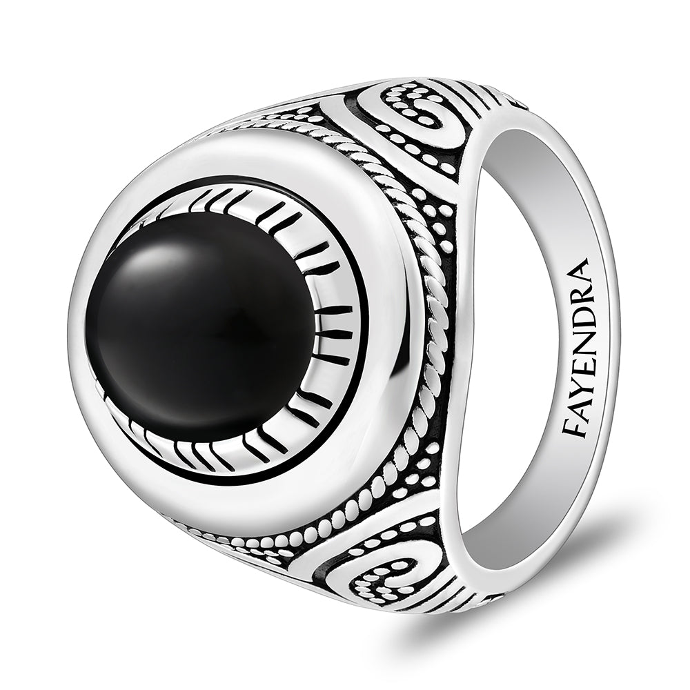 خاتم رجالي من الفضة الخالصة عيار 925 مطلي روديوم و اسود مرصع احجار عقيق اسود طبيعي كابشون