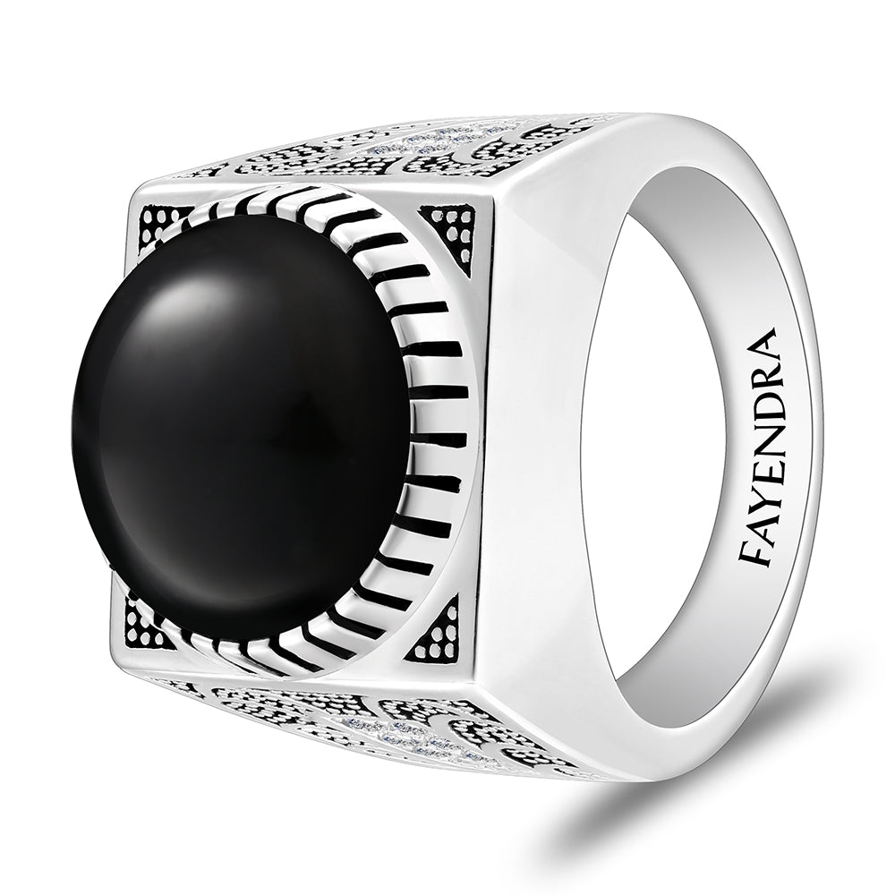 Sterling Silver 925 Ring Rhodium And Black Plated Embedded With Natural black agate Cabochon And White Zircon For Men
