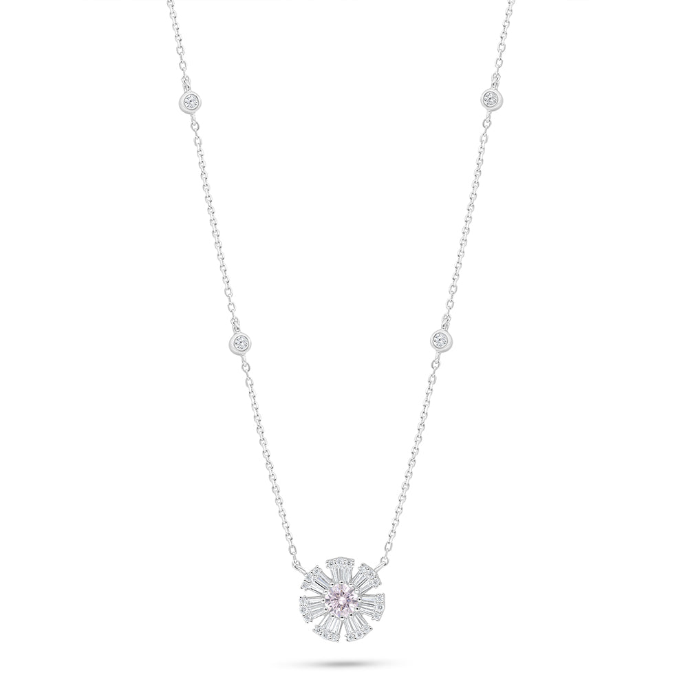 Sterling Silver 925 Necklace Rhodium Plated Embedded With Pink Zircon And White Zircon