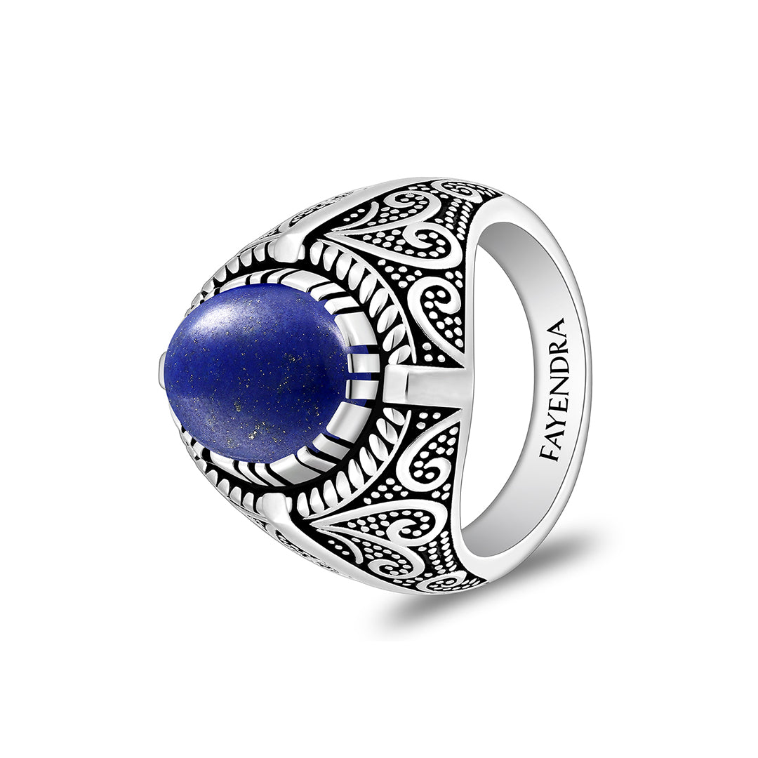 خاتم رجالي من الفضة الخالصة عيار925 مطلي روديوم و اسود مرصع حجر لابيس كابشون