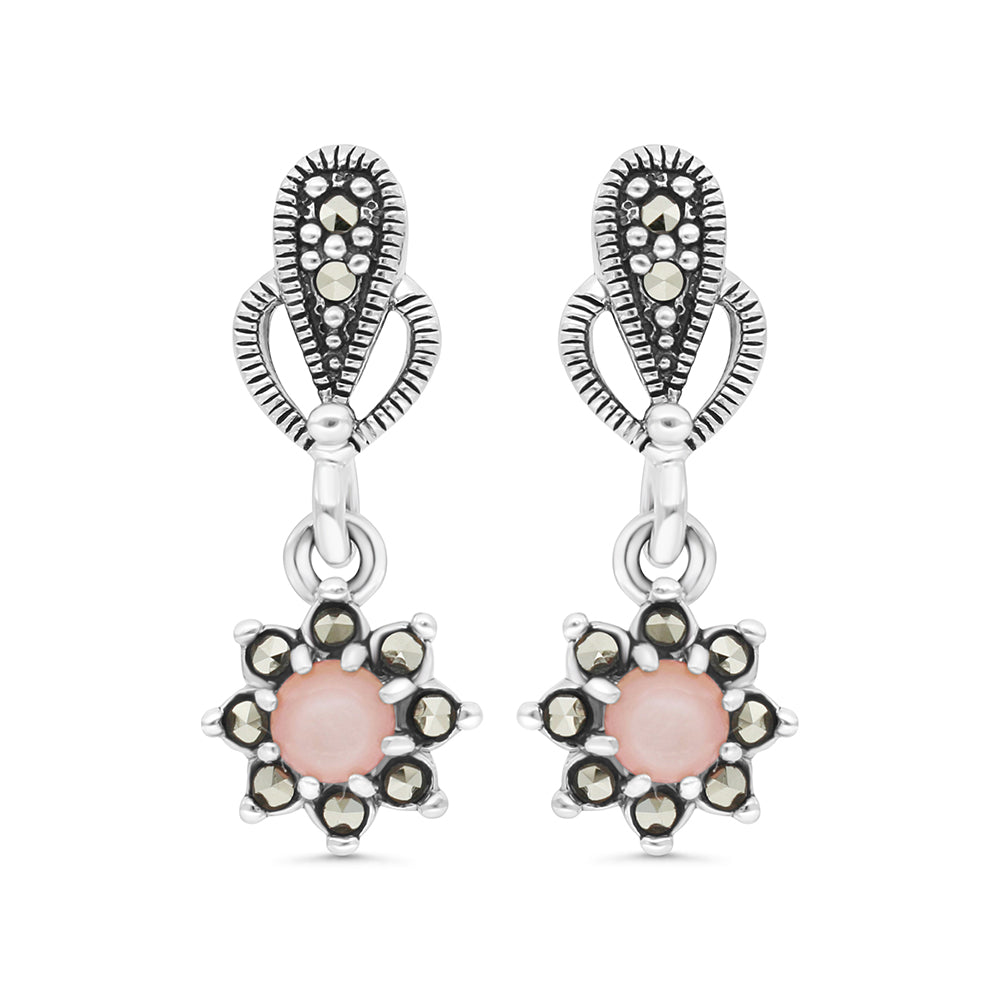 Sterling Silver 925 Set Embedded With Natural Pink Shell And Marcasite Stones