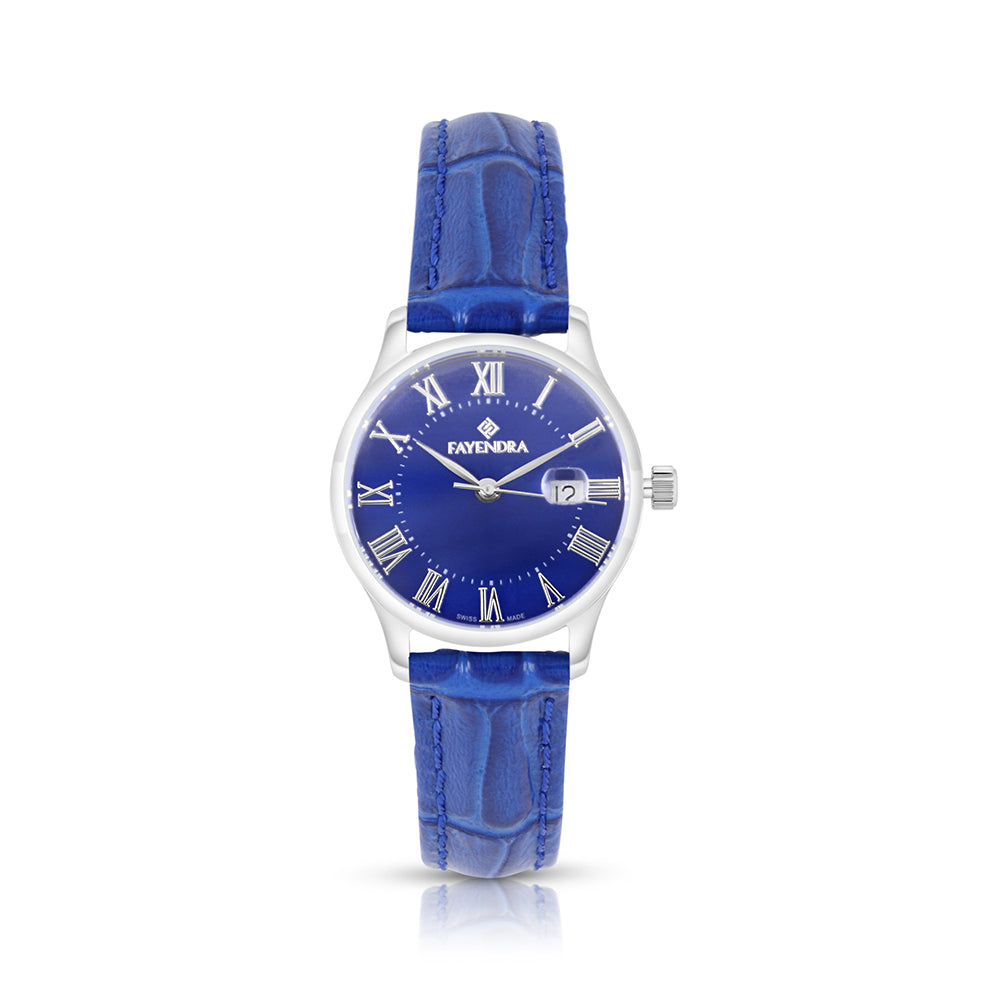 ساعة ستانلس ستيل عيار 316 بلون فضي جلد أزرق - المينا حجر صدف ام اللالئ الازرق