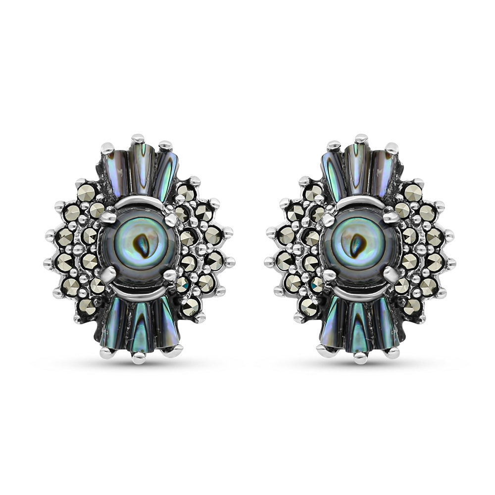 Sterling Silver 925 Earring Embedded With Natural Blue Shell And Marcasite Stones