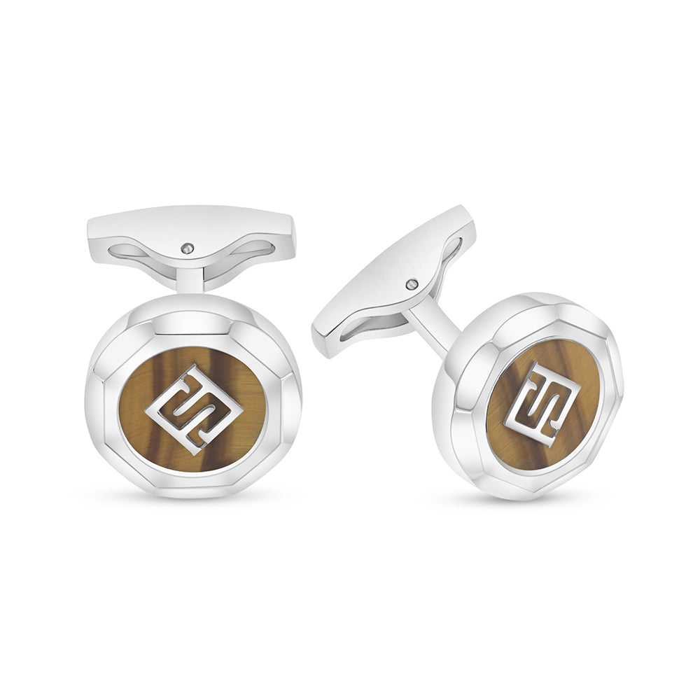 Stainless Steel Cufflink 316L Embedded With Yellow Tiger Eye Shiny Steel
