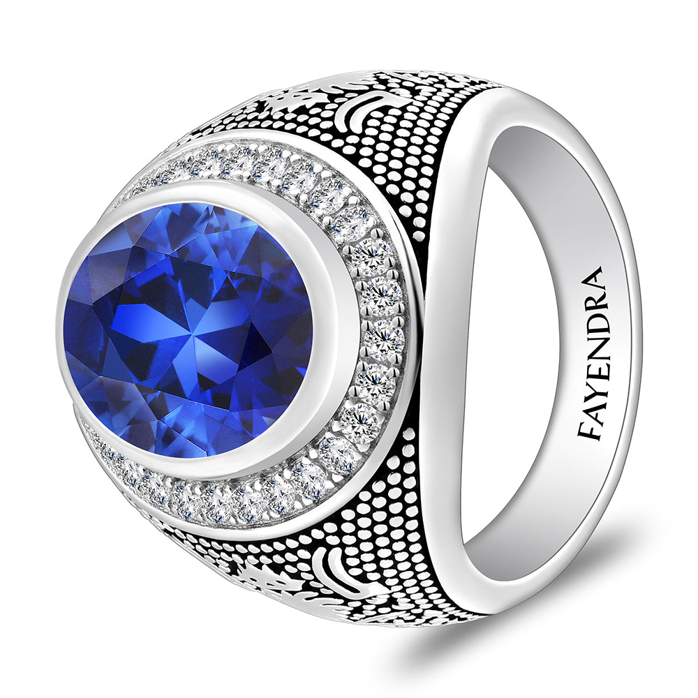 خاتم رجالي من الفضة الخالصة عيار 925 مطلي روديوم و اسود مرصع احجار زفير كروندوم و فص ابيض