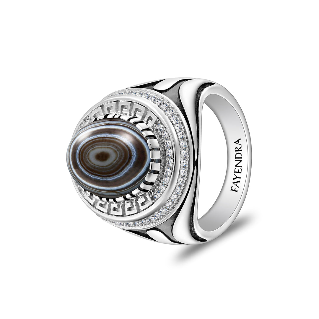 خاتم رجالي من الفضة الخالصة عيار 925 مطلي روديوم و اسود مرصع احجار عقيق سليماني كابشون و فص ابيض