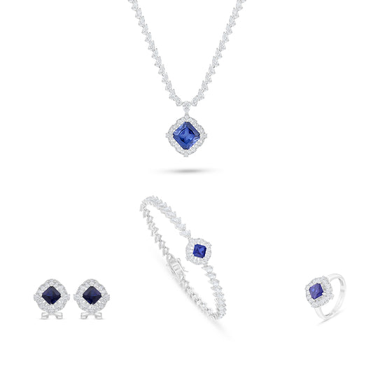 طقم من الفضة الخالصة عيار 925 مطلي روديوم و احجار زفير كروندوم و فص ابيض