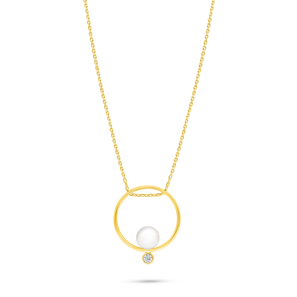 Sterling Silver 925 Necklace Golden Plated Embedded With Natural White Pearl And White Zircon