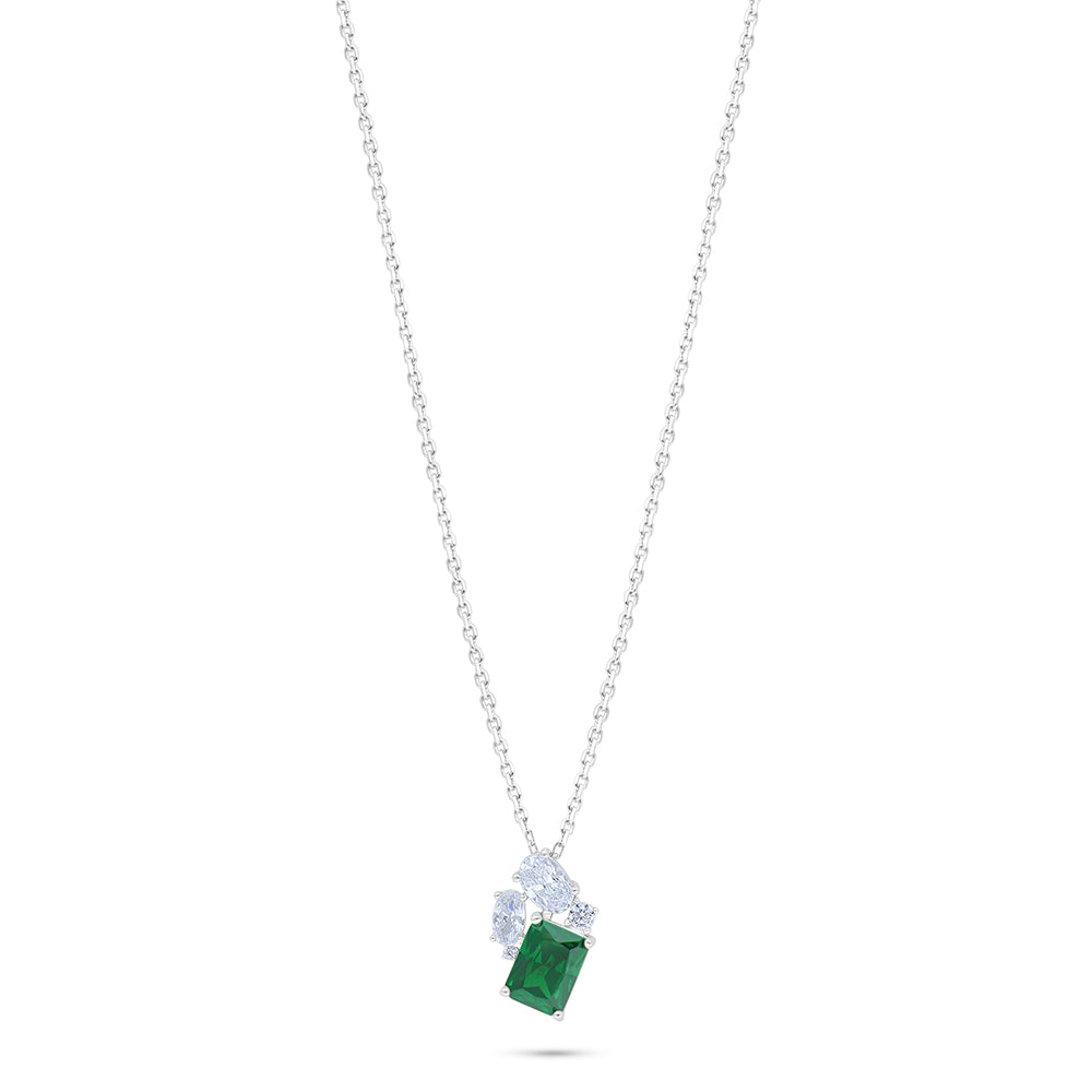 Sterling Silver 925 Necklace Rhodium Plated Embedded With Emerald Zircon And White Zircon