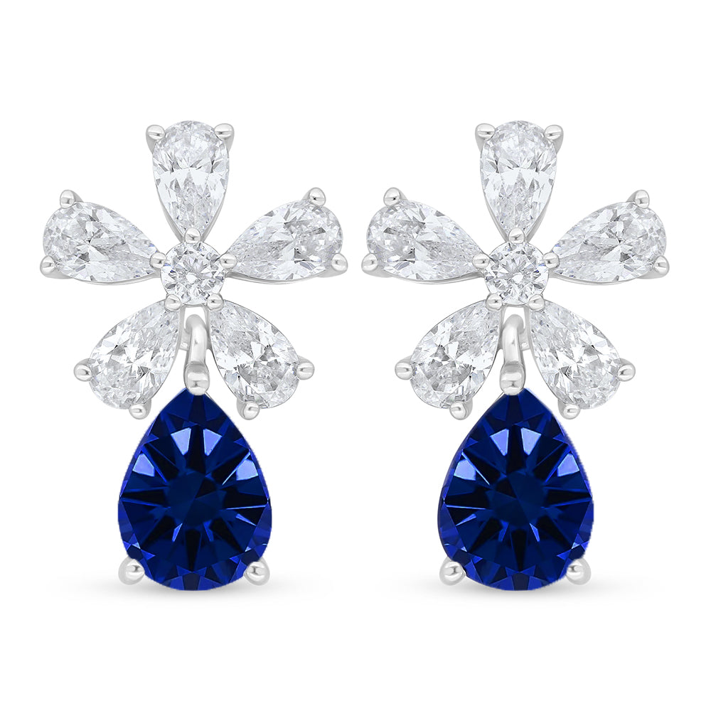 Sterling Silver 925 Earring Rhodium Plated Embedded With Sapphire Corundum And White Zircon
