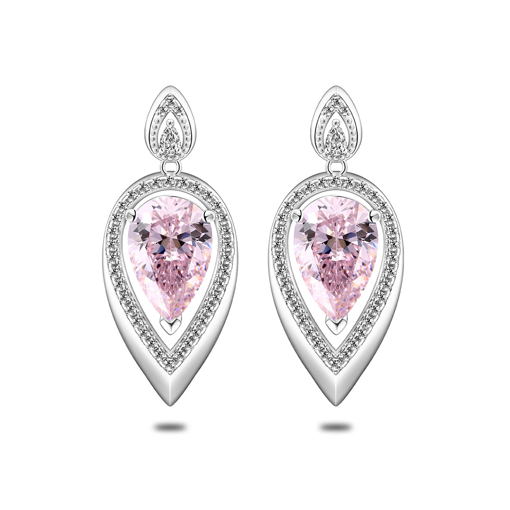 Sterling Silver 925 Earring Rhodium Plated Embedded With Pink Zircon And White Zircon