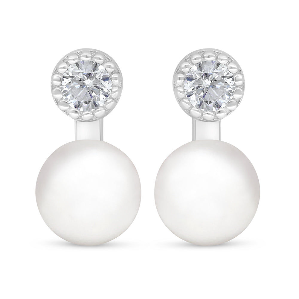 Sterling Silver 925 Earring Rhodium Plated Embedded With Natural White Pearl And White Zircon