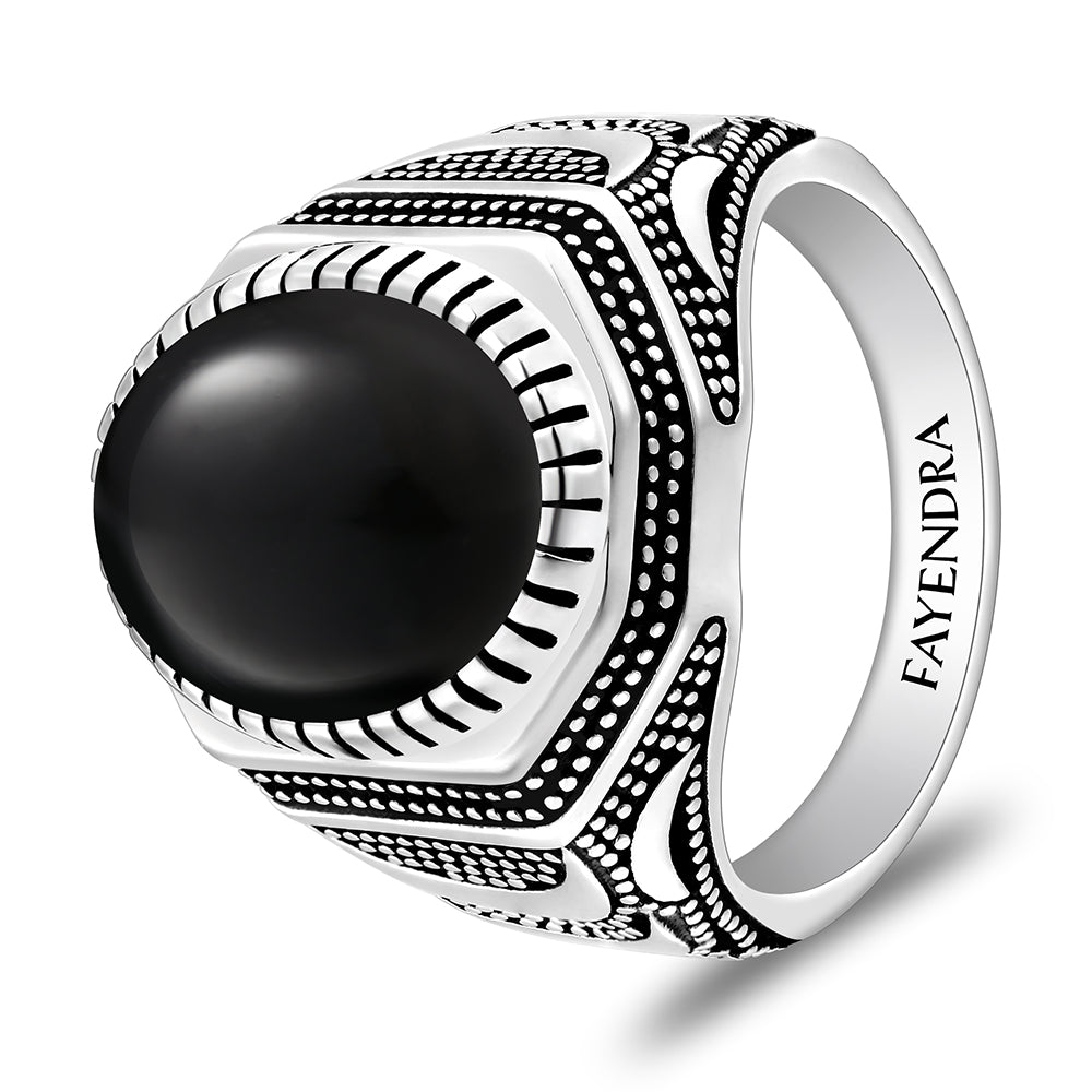 خاتم رجالي من الفضة الخالصة عيار 925 مطلي روديوم و اسود مرصع احجار عقيق اسود طبيعي كابشون