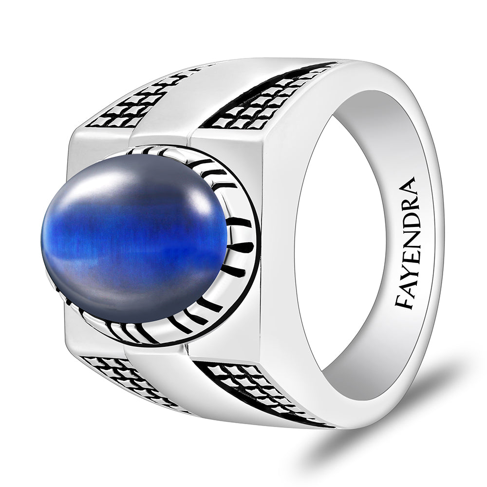 Sterling Silver 925 Ring Rhodium And Black Plated Embedded With Blue Tiger Eye Cabochon For Men