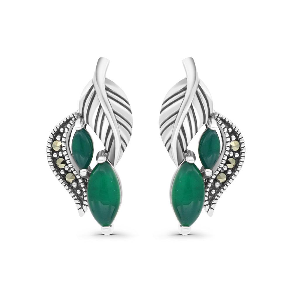 Sterling Silver 925 Earring Embedded With Natural Green Agate And Marcasite Stones