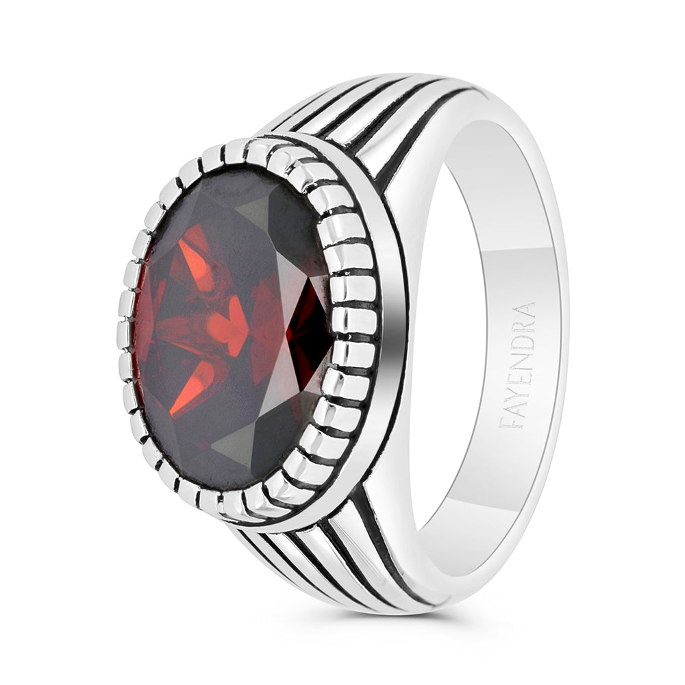Sterling Silver 925 Ring Rhodium And Black Plated Embedded With Garnet Zircon For Men