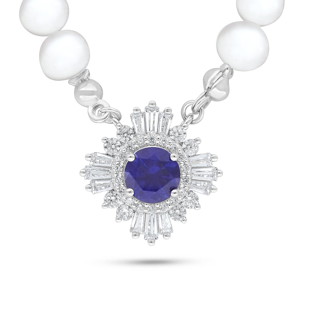 Sterling Silver 925 Necklace Rhodium Plated Embedded With Natural White Pearl, Sapphire Corundum And White Zircon