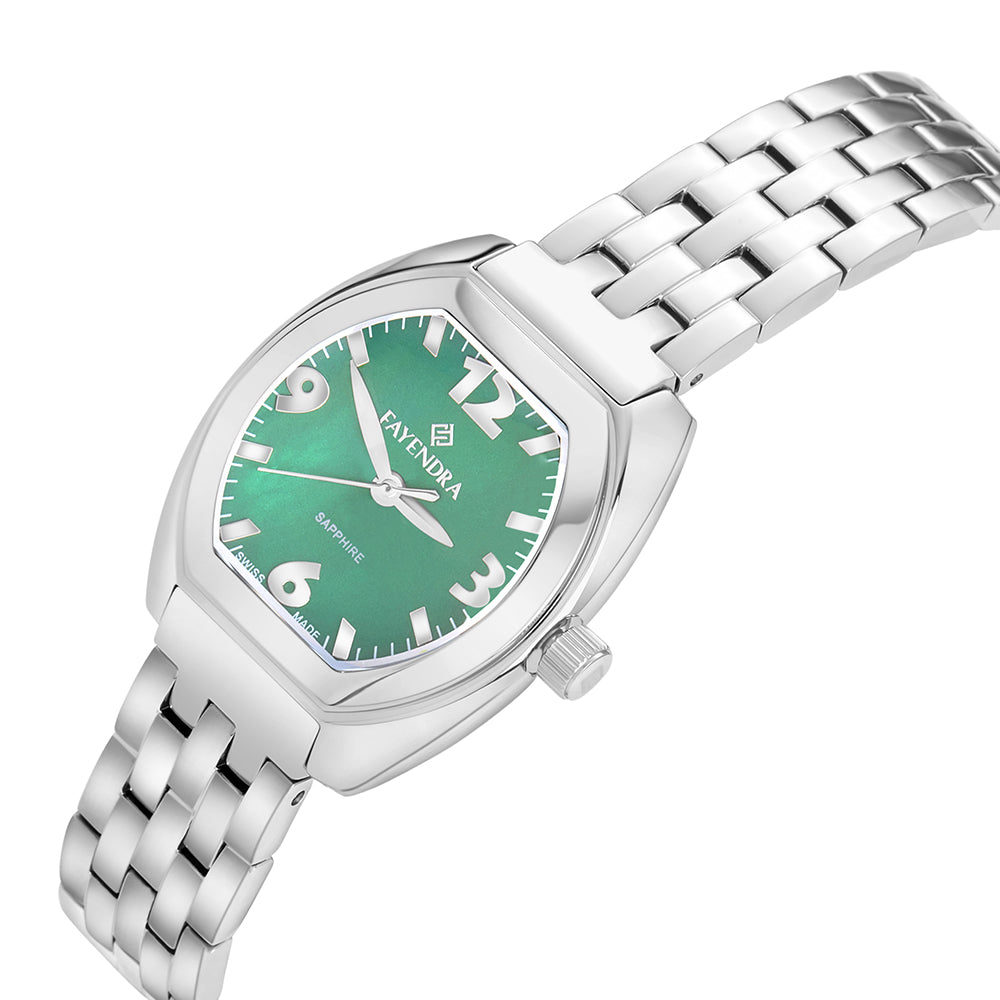 ساعة ستانلس ستيل عيار L316 بلون فضي - مينا حجر صدف ام اللالئ الاخضر