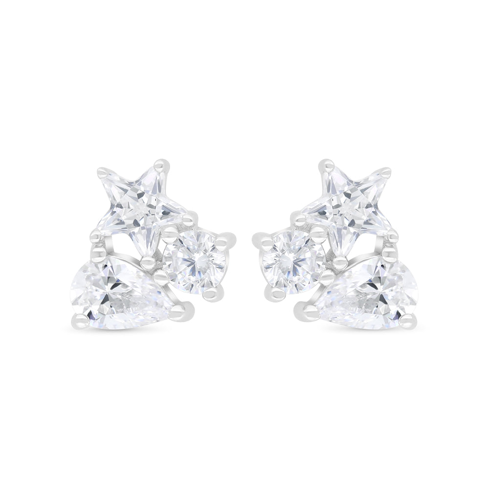 Sterling Silver 925 Earring Rhodium Plated Embedded With White Zircon