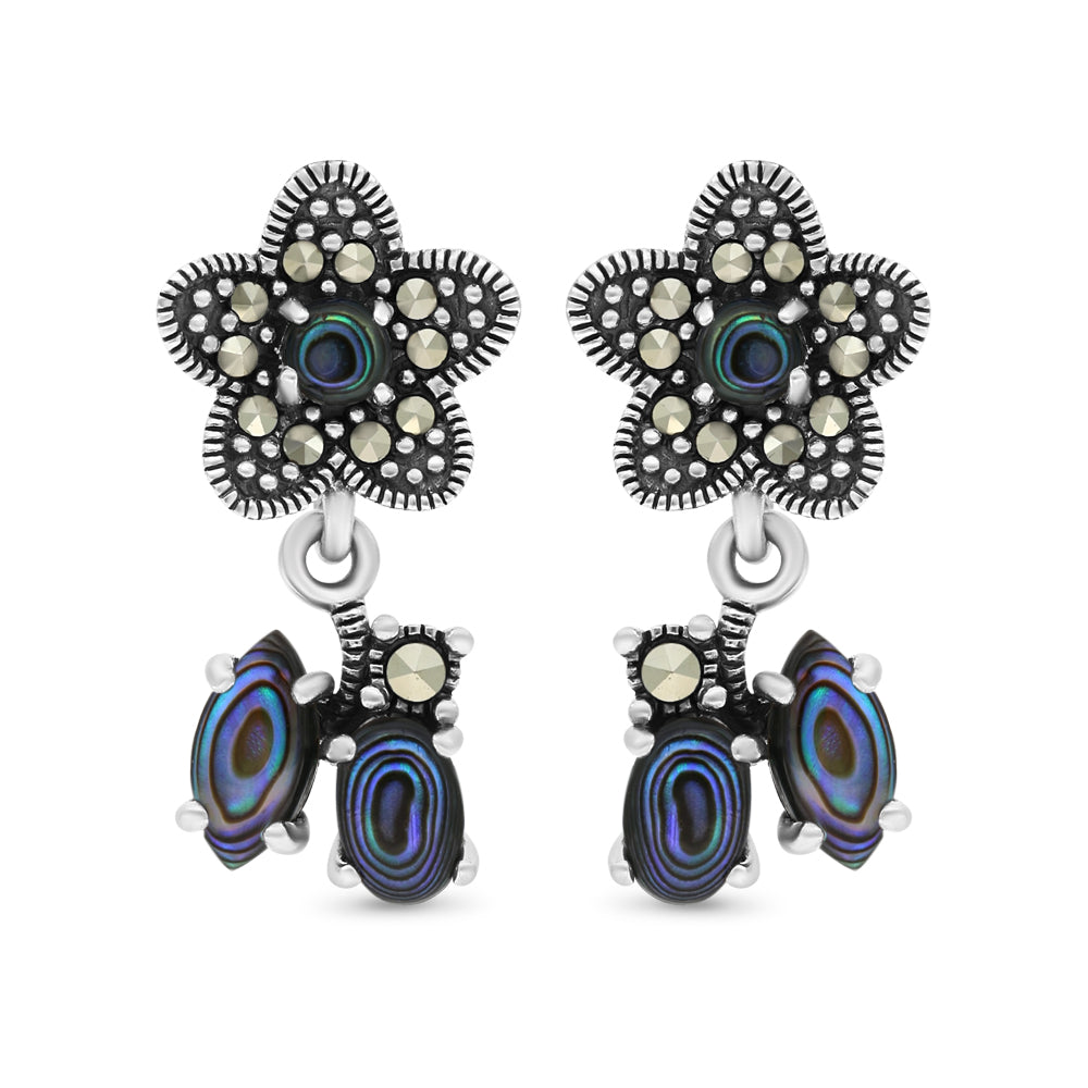 Sterling Silver 925 Earring Embedded With Natural Blue Shell And Marcasite Stones