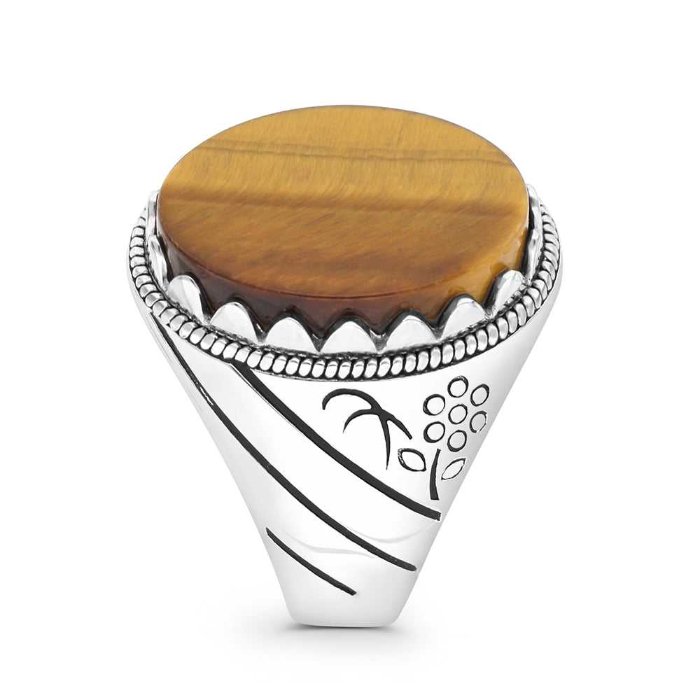 Sterling Silver 925 Ring Rhodium And Black Plated Embedded With Yellow Tiger Eye For Men