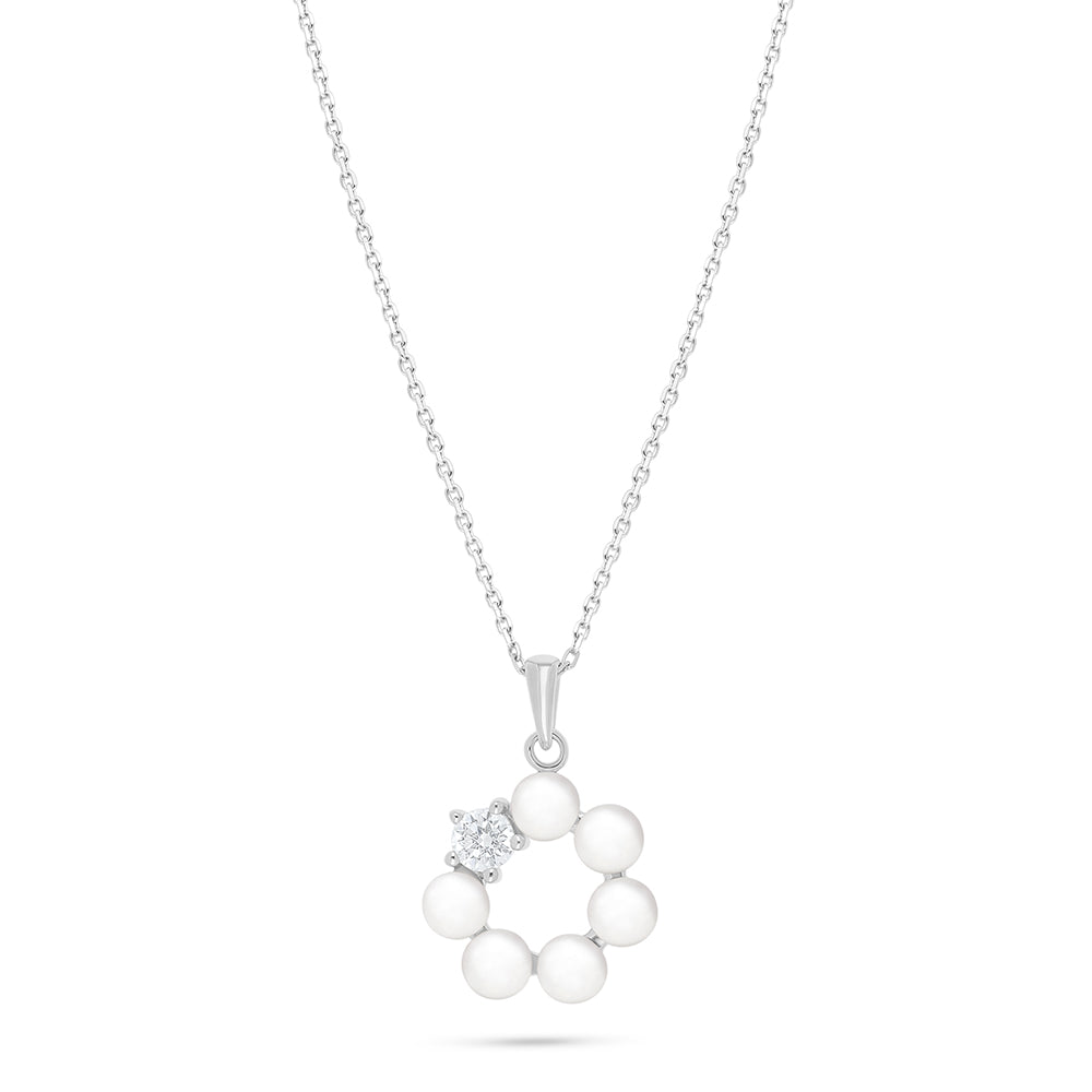 Sterling Silver 925 Necklace Rhodium Plated Embedded With Natural White Pearl And White Zircon