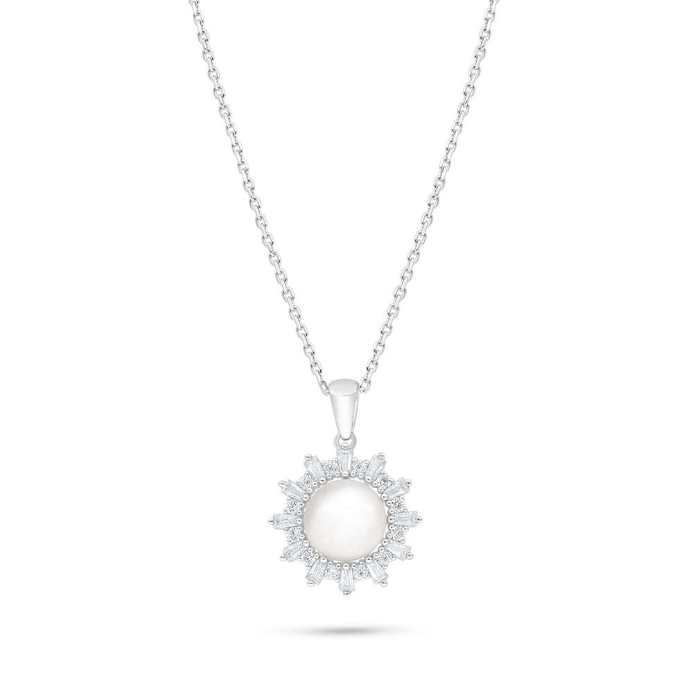 Sterling Silver 925 Necklace Rhodium Plated Embedded With Natural White Pearl And White Zircon