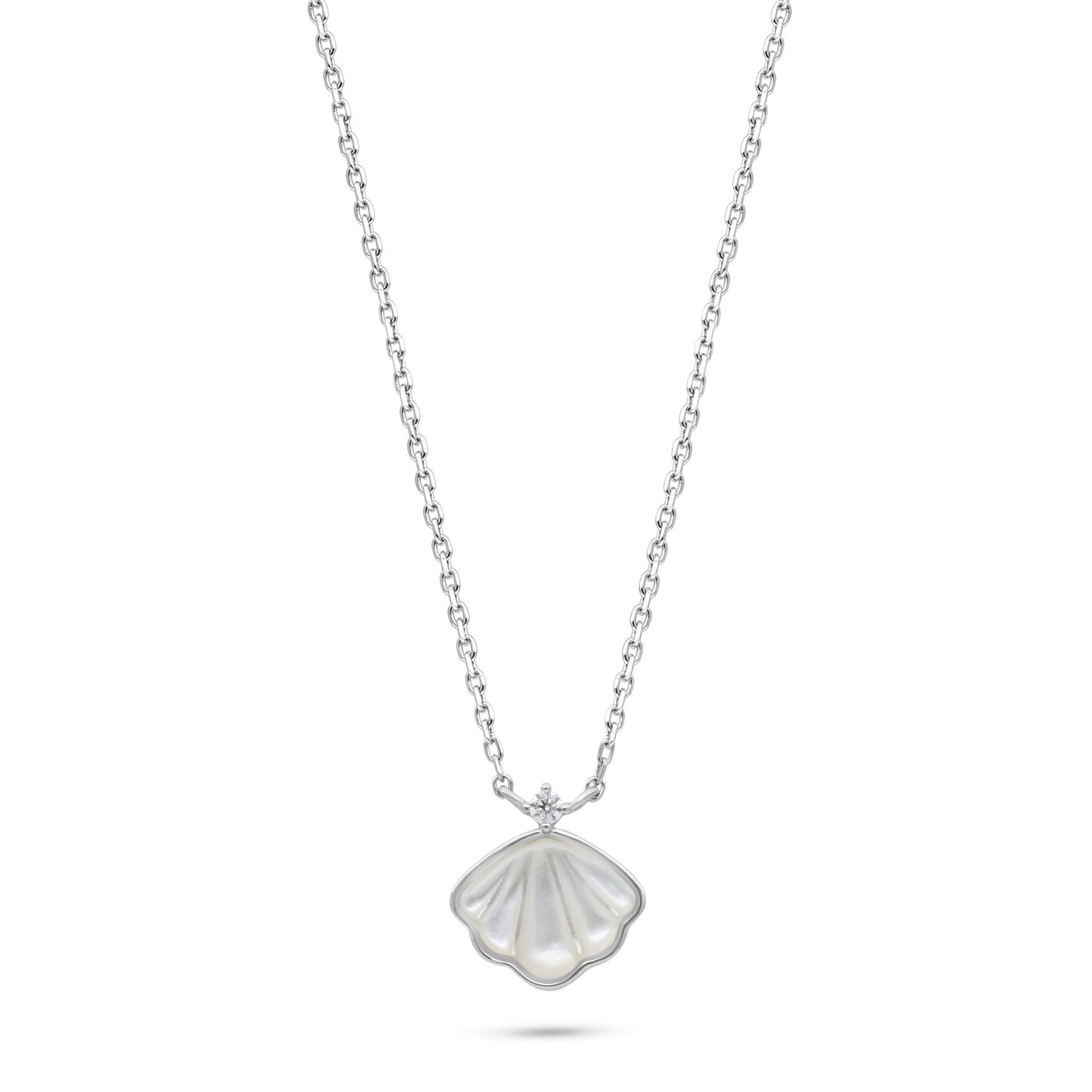 Sterling Silver 925 Necklace Rhodium Plated Embedded With white Shell And White Zircon
