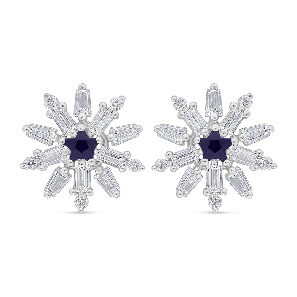 Sterling Silver 925 Earring Rhodium Plated Embedded With Sapphire Corundum And White Zircon