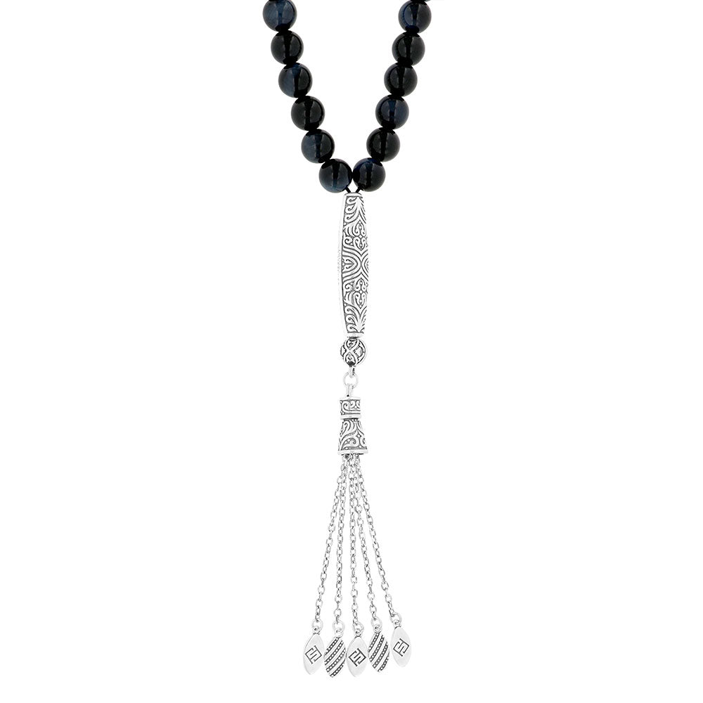 Rosary 45 Sterling Silver 925 Set Oxidized Embedded With Blue Tiger Eye Bead 08 ML LOGO