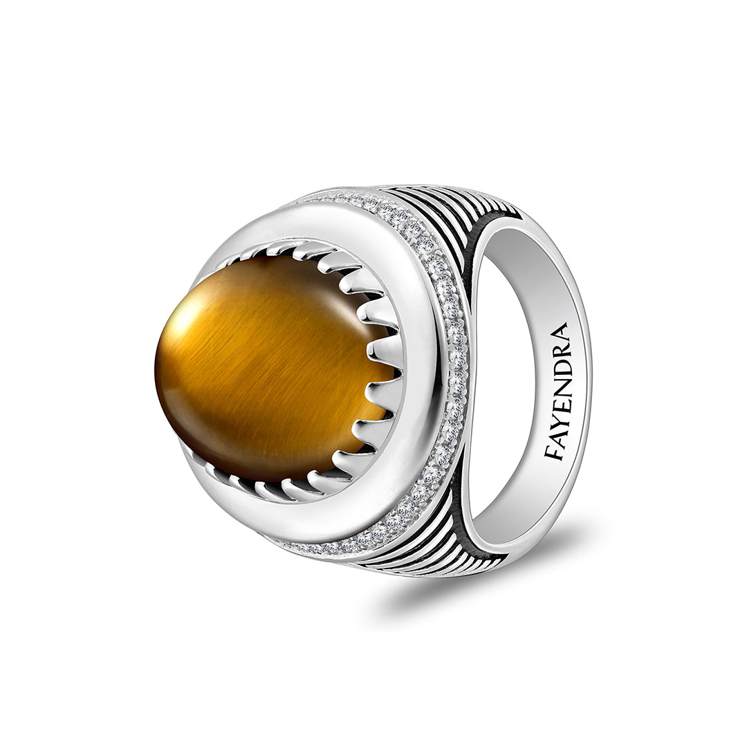 Sterling Silver 925 Ring Rhodium And Black Plated Embedded With Cabochon Yellow Tiger Eye And White Zircon For Men
