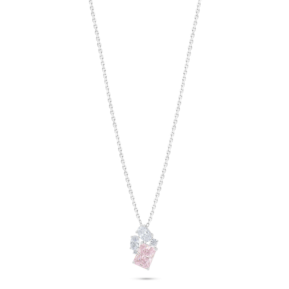 Sterling Silver 925 Necklace Rhodium Plated Embedded With Pink Zircon And White Zircon