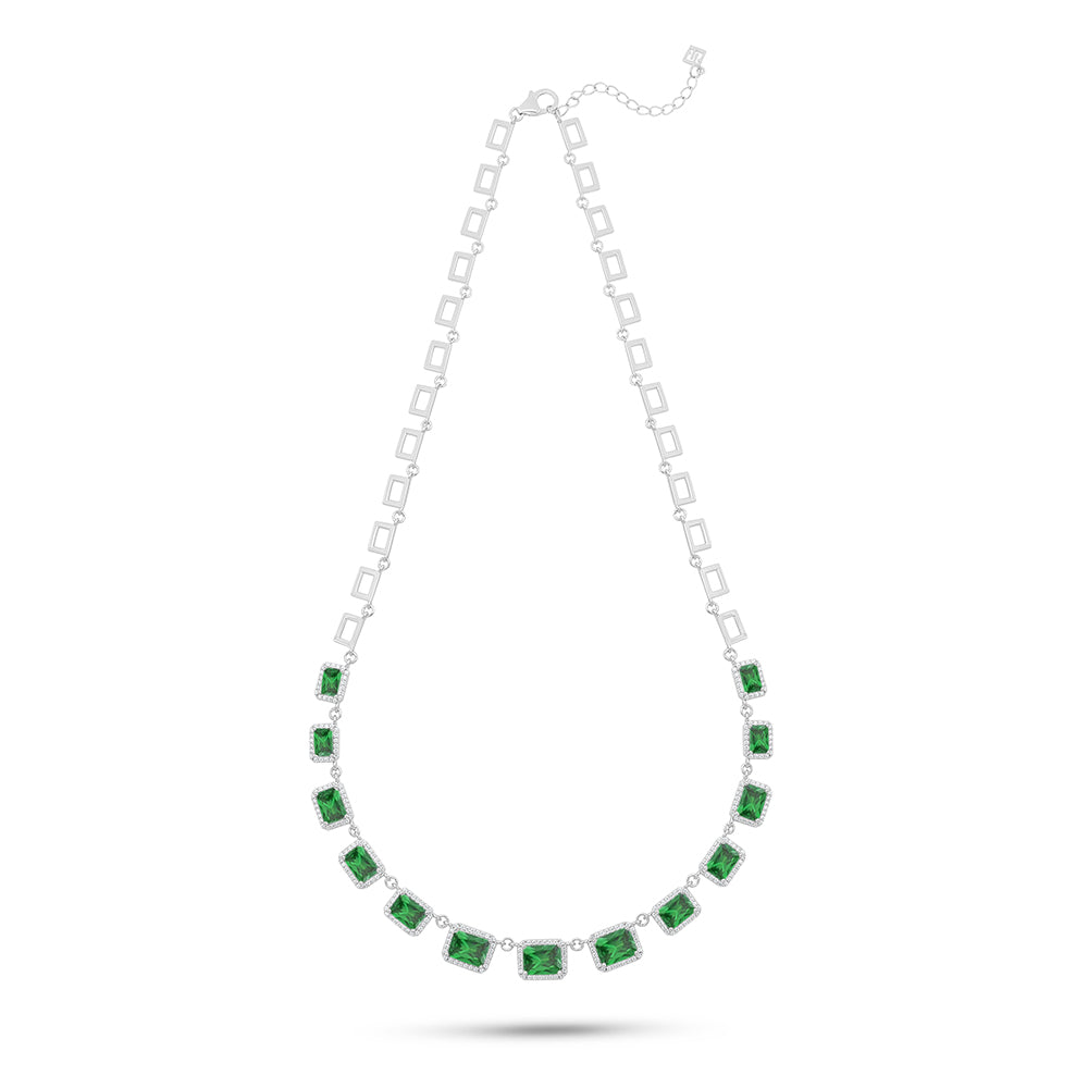 Sterling Silver 925 Necklace Rhodium Plated Embedded With Emerald Zircon And White Zircon