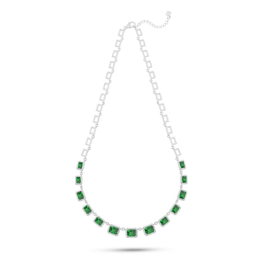 Sterling Silver 925 Necklace Rhodium Plated Embedded With Emerald Zircon And White Zircon