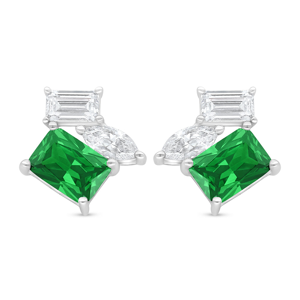 Sterling Silver 925 Earring Rhodium Plated Embedded With Emerald Zircon And White Zircon