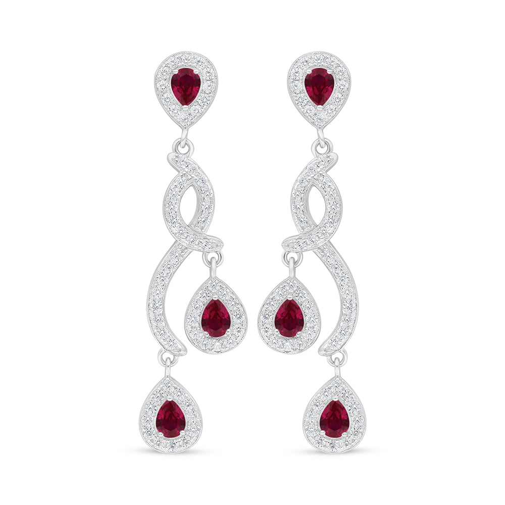 Sterling Silver 925 Earring Rhodium Plated Embedded With Ruby Corundum And White Zircon