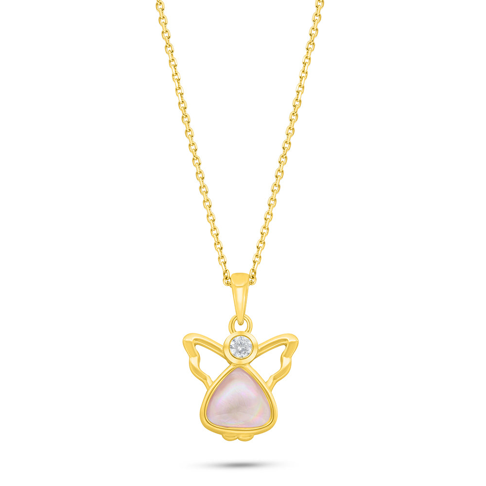 Sterling Silver 925 Necklace Golden Plated Embedded With Pink shell And White Zircon